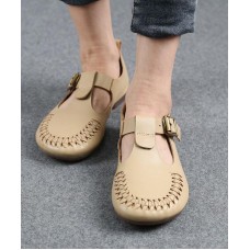 Cowhide Beige Leather Flat Shoes For Women Buckle Strap Hollow Out Flat Shoes