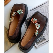 Coffee Flat Feet Shoes Platform Cowhide Leather Unique Floral Flat Shoes